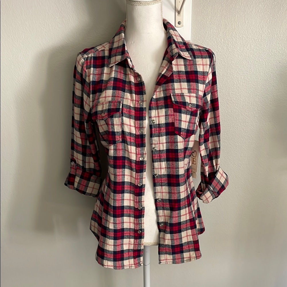 Red and Cream Plaid Button-Up Shirt new with tags